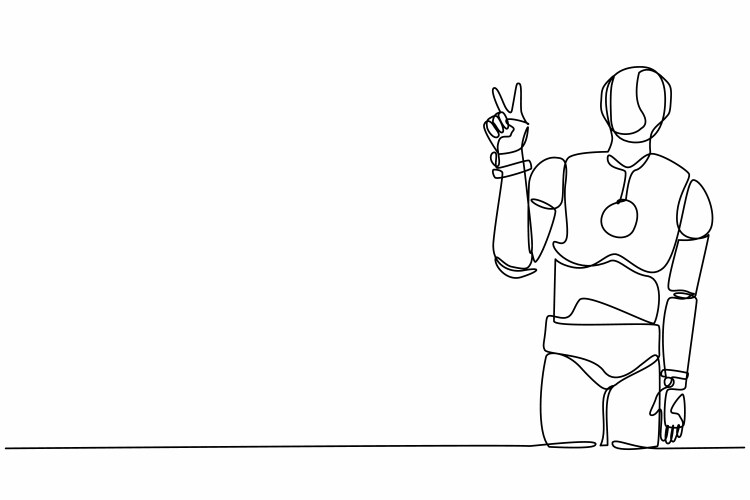 Continuous one line drawing robot standing with v vector image