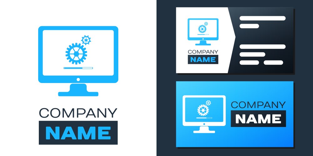 Logotype computer monitor update process with gear vector image