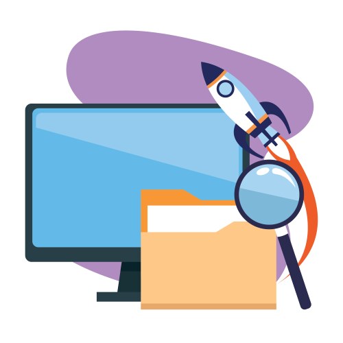 Rocket and computer with folder magnifying vector image