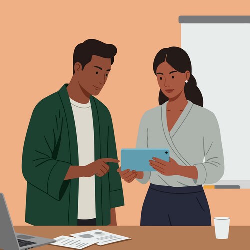 Two colleagues discussing business data using vector image