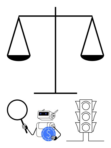 Robot analyzing financial justice with magnifying vector image