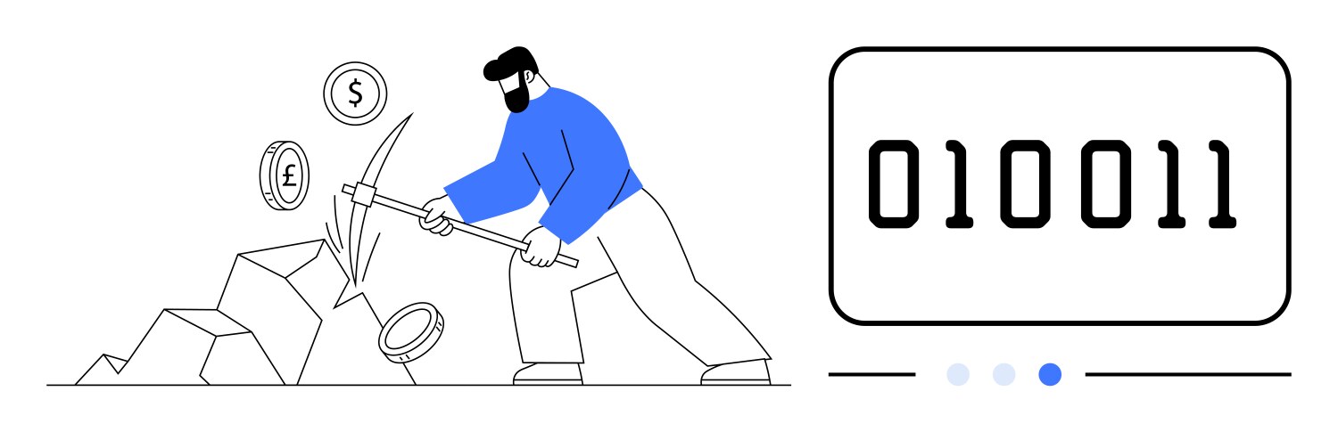 Man mining digital coins with pickaxe while binary vector image