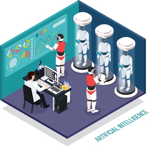 Robots and Scientists in Lab - Isometric vector image