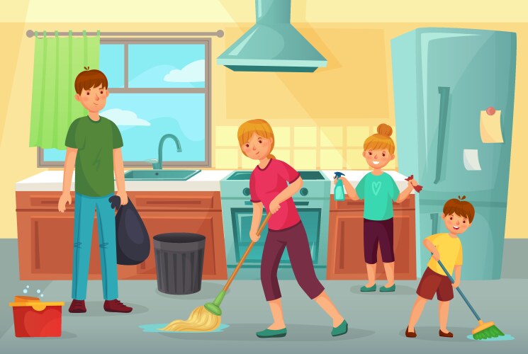 Family cleaning kitchen father mother and kids vector image