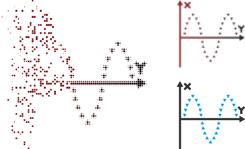 Disintegrating pixel halftone dotted sinusoid plot vector image