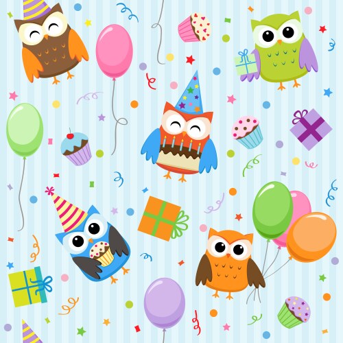 Birthday party elements with owls Royalty Free Vector Image