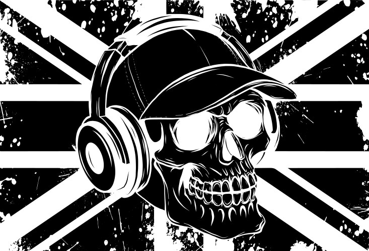 skull with headphones listening to music drawing vector image