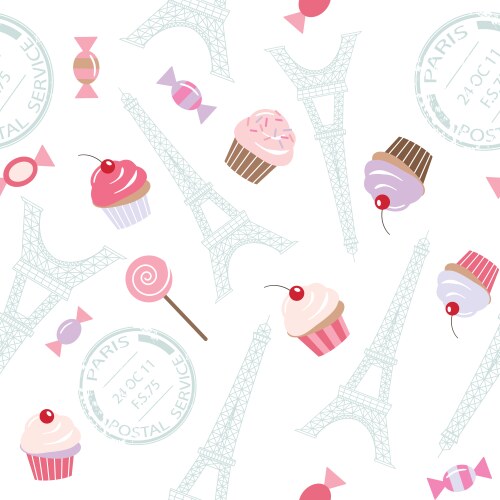 seamless pattern with eiffel tower and cupcakes vector image