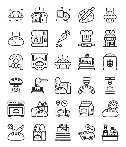 Bakery icons set in thin line style Royalty Free Vector