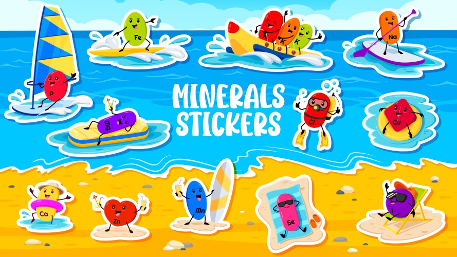Cartoon micronutrient and minerals on summer beach Vector Image