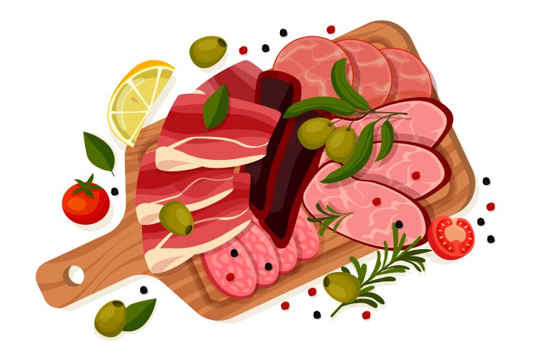 Fresh meat products on wooden cutting board flat Vector Image