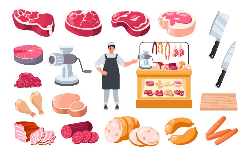 cartoon butcher with meat man character vector