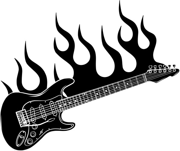 electric guitar on fire in full color and black vector