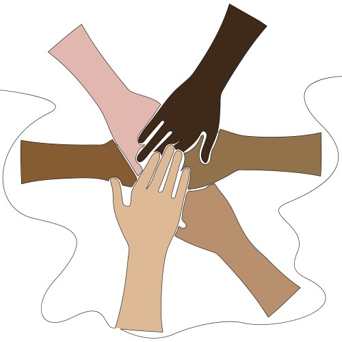 Flat continuous line multicultural hands unity vector image