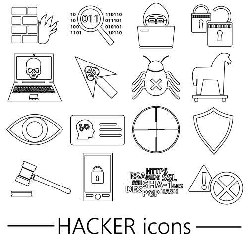 Hacker and computer security theme outline icons vector image