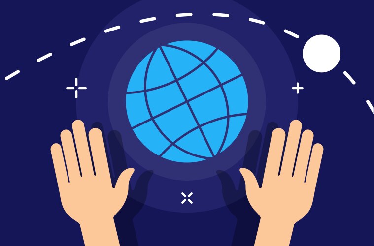 World with hands manipulating flat minimal style vector image