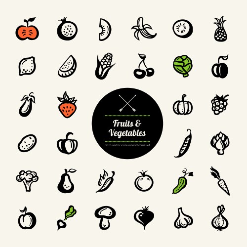 Fruit and Vegetable Icons - Flat Style Vector Image