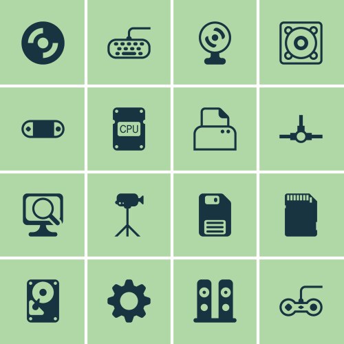 Set of 16 computer hardware icons includes web vector image