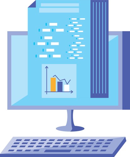Desktop computer and document with statistical vector image