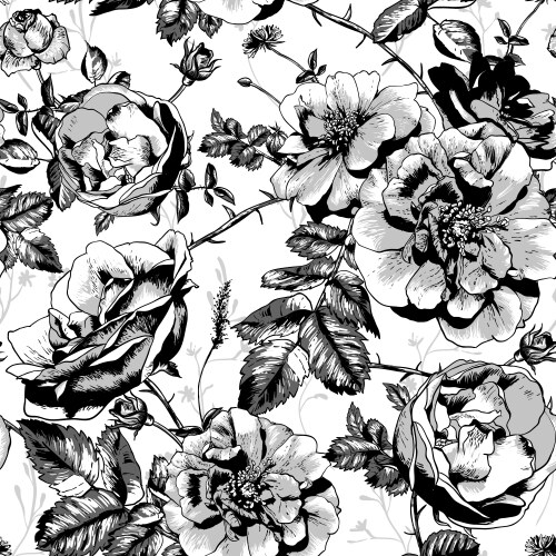 Vintage Black and White Rose Seamless Pattern Vector Image