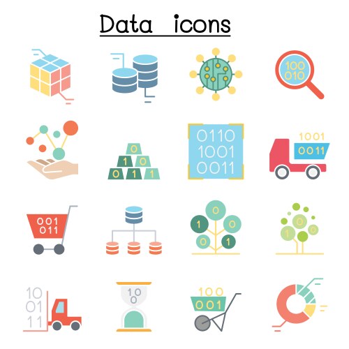 Database data and graph icon set in flat color vector image