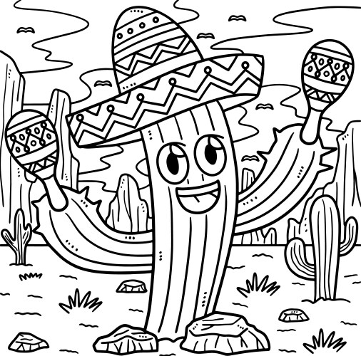 Cinco de mayo cactus with sombrero coloring page Vector Image