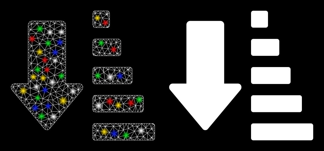 Glowing mesh carcass sort down arrow icon vector image
