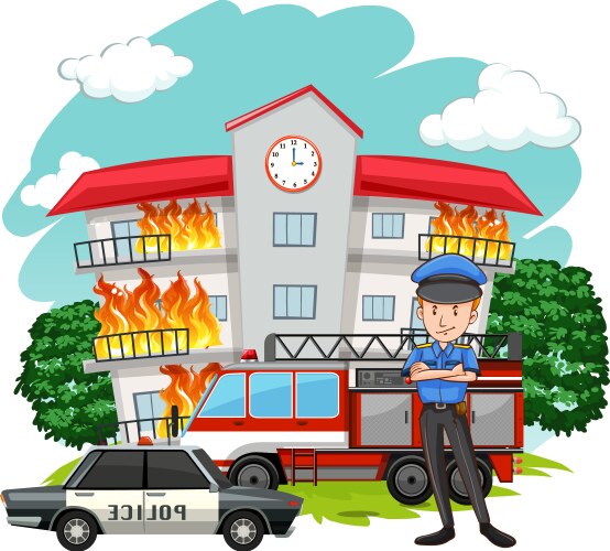 Policeman and fire at the building Vector Image