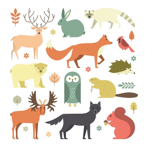 Cute wild animals and birds set forest characters Vector Image
