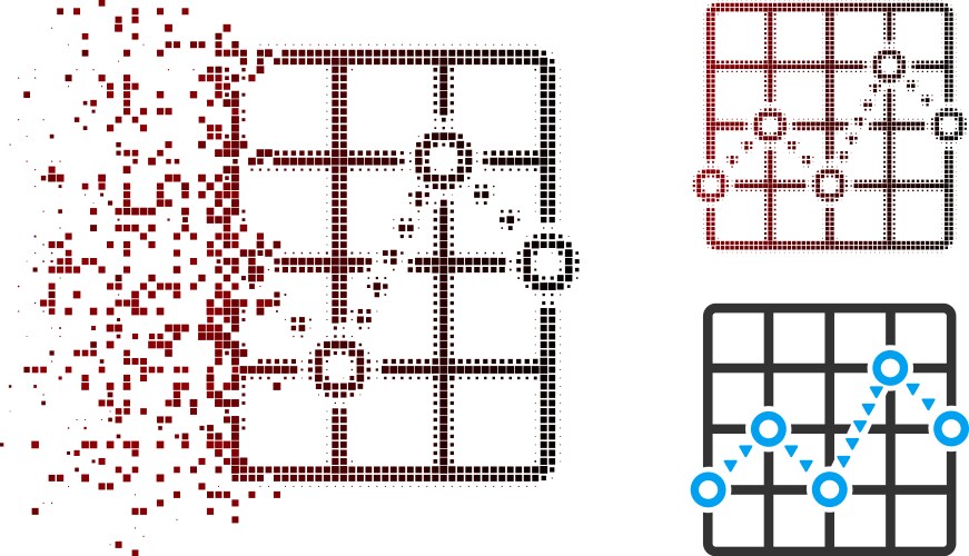 Fractured pixel halftone dotted line grid plot vector image