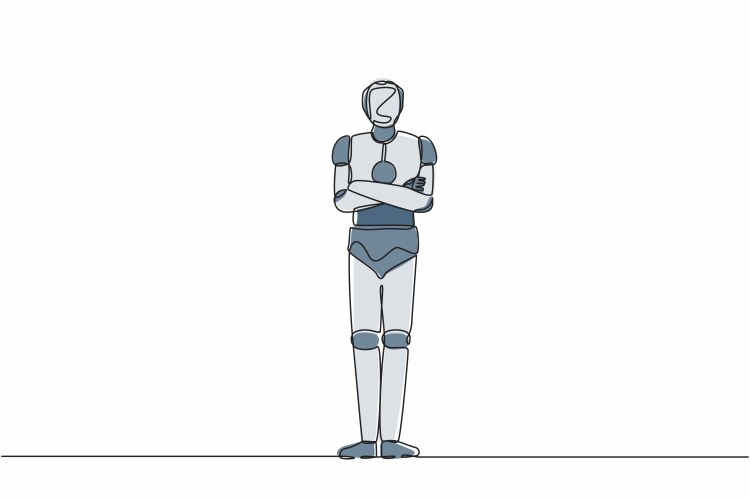 Single one line drawing robot holding trophy Vector Image