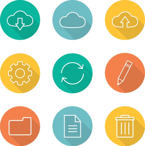 Cloud computing flat linear long shadow icons set vector image