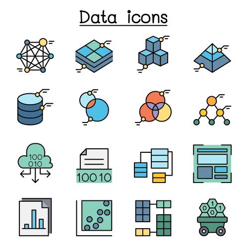 Database data and graph icon set in color line vector image