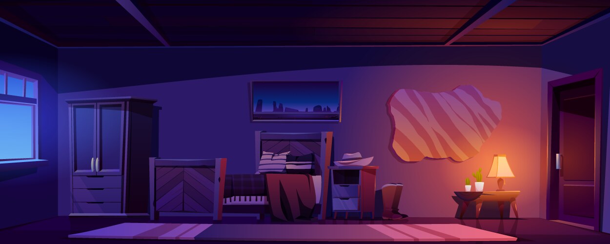 Cowboy bedroom in rustic house at night vector image