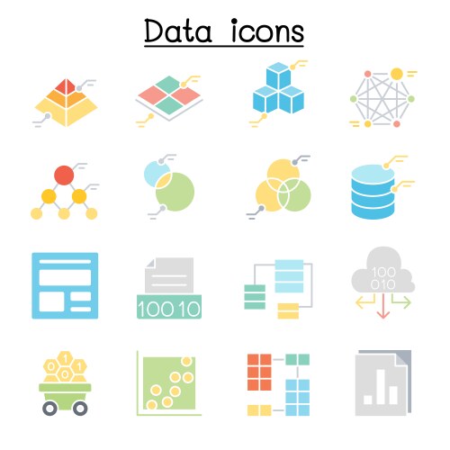 Database data and graph icon set in flat color vector image