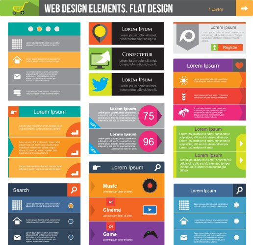 Flat web design elements buttons icons templates vector image