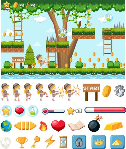 Platform game interface design with icons isolated vektorbild