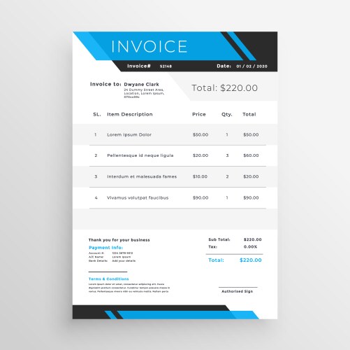 Blue clean business invoice template Royalty Free Vector