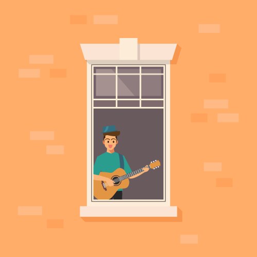 apartment window with man playing guitar vector image