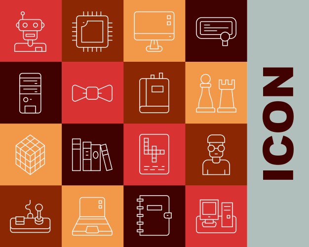 Set line monitor with keyboard nerd geek chess vector image