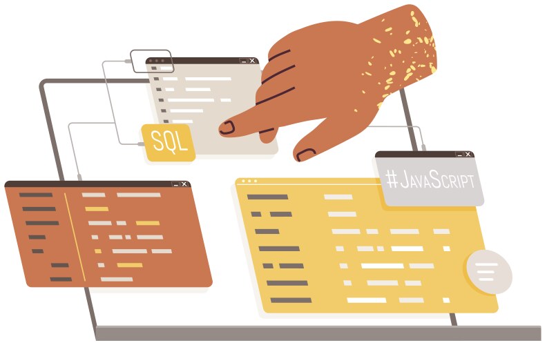 Hand points to open browser tabs program icons vector image