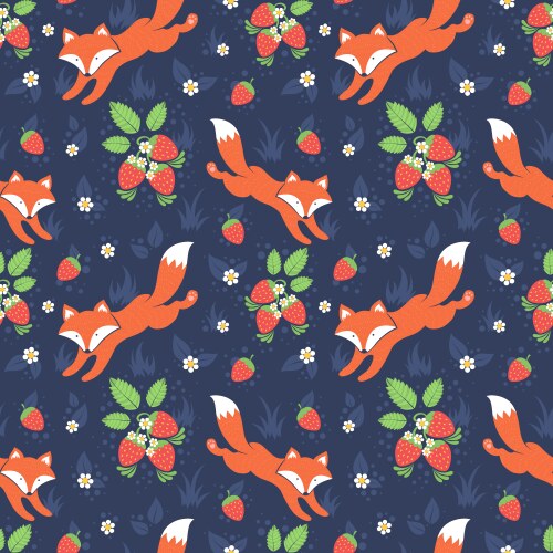 foxes and wild strawberries seamless pattern vector