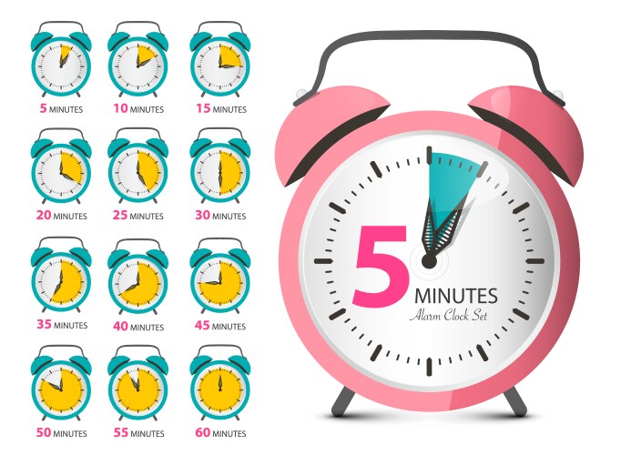 Alarm clock set retro analog time indicator vector image