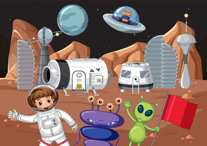 Astronaut and aliens on planet vector image