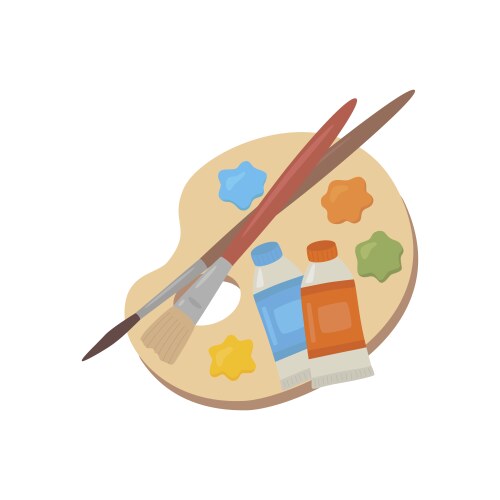 Wooden palette with paints and brushes vector image