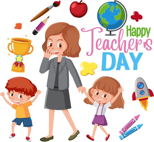 Happy teachers day logo with teacher and students vector image