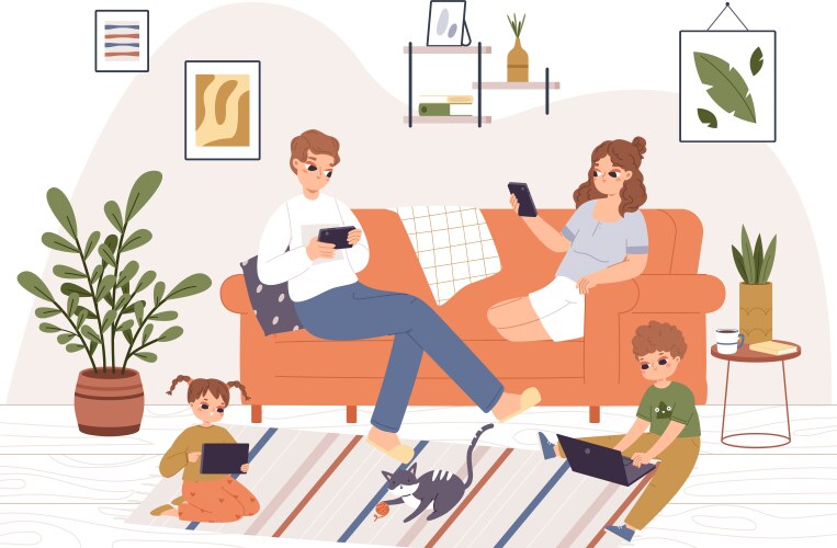 Family using gadgets at home evening in living vector image