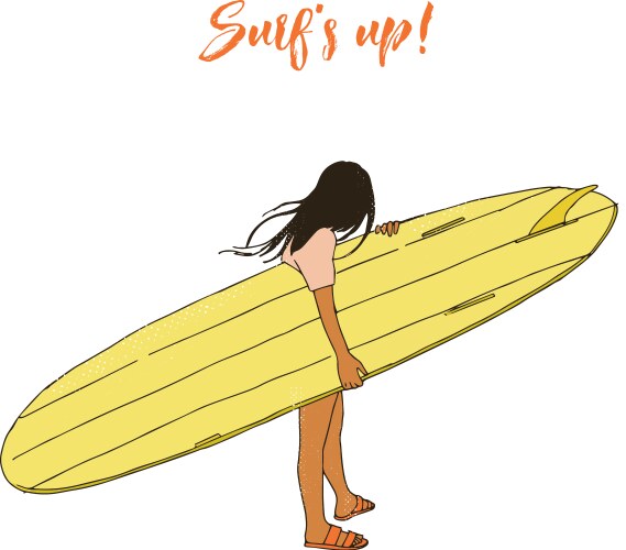 Young girl holding surfboard on beach Vector Image