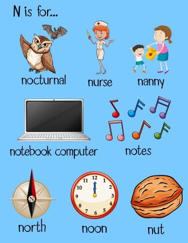 Many words begin with letter n vector image