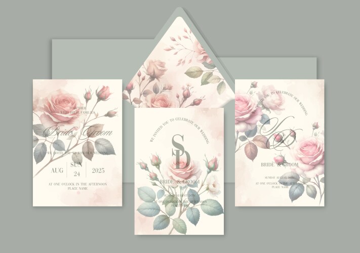 Watercolor pink roses wedding invitation card set Vector Image